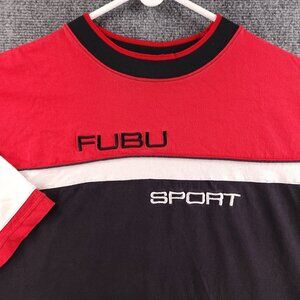 VTG Fubu T Shirt Heavyweight Red White Blue Spell Out Logo Large Cotton Men